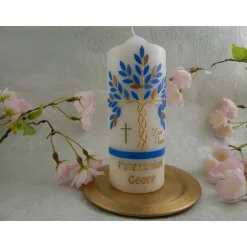 Taufkerze Jungen Lebensbaum blau gold Baum des Lebens Regenbogen Namenskette Name Datum Spruch individualisierbar