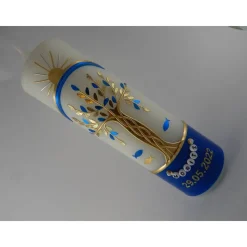 Taufkerze Jungen Lebensbaum blau gold Baum des Lebens Regenbogen Fische Sonne Name Datum Spruch individualisierbar