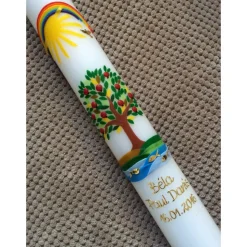 Taufkerze Kommunionkerz Lebensbaum, inkl. Beschriftung, Farbwünsche möglich, Jungen, Mädchen, Wachsverzierungen, Wachsbe