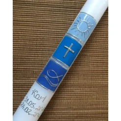 Taufkerze, Kommunionkerze, Jungen, Sonne, Kreuz, Fisch, Ichthys, blau, silber, Mädchen, Farbwünsche möglich