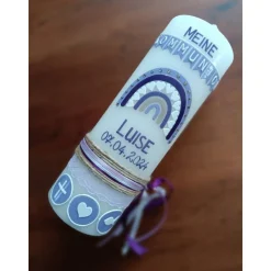 Taufkerze Kommunionkerze Regenbogen Kreuz Herz Fisch Mädchen lila flieder Farbwünsche auch für Jungen inkl Wachsbeschrif