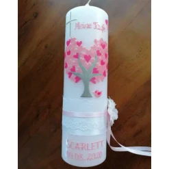 Taufkerze Kommunionkerze Kommunionskerze Mädchen Lebensbaum Baum Kreuz modern klassisch Farbwünsche möglich