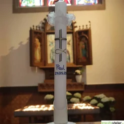 Taufkerze Kreuz, blau gold und Fischsymbol gold, Taufkerze für Jungen, personalisierbar mit Namen und Datum