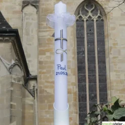 Taufkerze Kreuz, blau gold und Fischsymbol gold, Taufkerze für Jungen, personalisierbar mit Namen und Datum