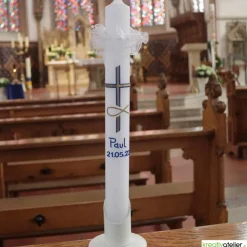 Taufkerze Kreuz, blau gold und Fischsymbol gold, Taufkerze für Jungen, personalisierbar mit Namen und Datum
