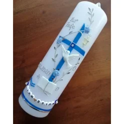 Taufkerze Kreuz Ranke blau Jungen Taufe Handarbeit keine Folie handgearbeite Wachsverzierungen und Beschriftungen