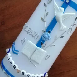 Taufkerze Kreuz Ranke blau Jungen Taufe Handarbeit keine Folie handgearbeite Wachsverzierungen und Beschriftungen