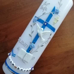 Taufkerze Kreuz Ranke blau Jungen Taufe Handarbeit keine Folie handgearbeite Wachsverzierungen und Beschriftungen