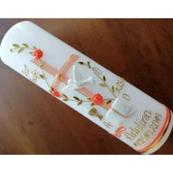 Taufkerze Kreuz Ranke Taube Kelch Mädchen Handarbeit keine Folie handgearbeite Wachsverzierungen und Beschriftungen