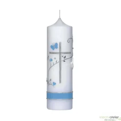 Taufkerze Kreuz, Schmetterling, Taube, Blumenranke, blau für Jungen oder rosa für Mädchen, personalisierbar