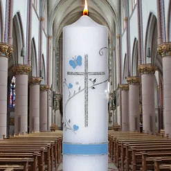 Taufkerze Kreuz, Schmetterling, Taube, Blumenranke, blau für Jungen oder rosa für Mädchen, personalisierbar