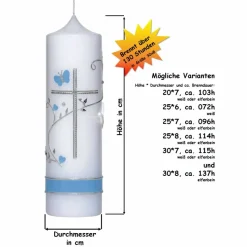 Taufkerze Kreuz, Schmetterling, Taube, Blumenranke, blau für Jungen oder rosa für Mädchen, personalisierbar