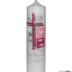 Taufkerze Kreuz, Schmetterling, Taube, Blumenranke, blau für Jungen oder rosa für Mädchen, personalisierbar