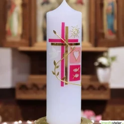 Taufkerze Kreuz, Schmetterling, Taube, Blumenranke, blau für Jungen oder rosa für Mädchen, personalisierbar