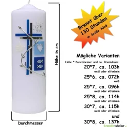 Taufkerze Kreuz, Schmetterling, Taube, Blumenranke, blau für Jungen oder rosa für Mädchen, personalisierbar