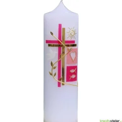 Taufkerze Kreuz, Schmetterling, Taube, Blumenranke, blau für Jungen oder rosa für Mädchen, personalisierbar