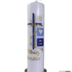 Taufkerze Kreuz, Schmetterling, Taube, Blumenranke, blau für Jungen oder rosa für Mädchen, personalisierbar