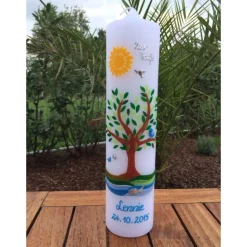Taufkerze  Lebensbaum, Baum, Sonne, Taube, Fische, inkl. Beschriftung, Farbwünsche möglich, Wachsverzierungen, keine Fol