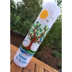 Taufkerze  Lebensbaum, Baum, Sonne, Taube, Fische, inkl. Beschriftung, Farbwünsche möglich, Wachsverzierungen, keine Fol