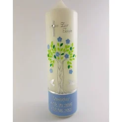 Taufkerze  Lebensbaum blau silber grün Baum des Lebens Tauben Kreuz Name Datum Spruch individualisierbar
