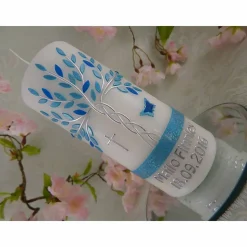 Taufkerze  Lebensbaum blau silber grün Baum des Lebens Tauben Kreuz Name Datum Spruch individualisierbar