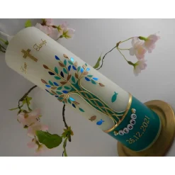 Taufkerze  Lebensbaum grün gold Baum des Lebens Jungen Mädchen Namenskette Name Datum Spruch