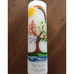 Taufkerze Lebensbaum Jungen Mädchen Sonne Regenbogen Jahreszeiten Fische Ichthys Wachsverzierungen Wachsbeschriftungen !