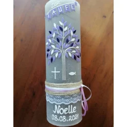 Taufkerze, Lebensbaum, Mädchen, Jungen, Kreuz, lila, Rustikal, Rustical, Rustika, Rustica, Vintage-Look, Shabby, Farbwün