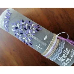 Taufkerze, Lebensbaum, Mädchen, Jungen, Kreuz, lila, Rustikal, Rustical, Rustika, Rustica, Vintage-Look, Shabby, Farbwün