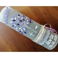 Taufkerze, Lebensbaum, Mädchen, Jungen, Kreuz, lila, Rustikal, Rustical, Rustika, Rustica, Vintage-Look, Shabby, Farbwün