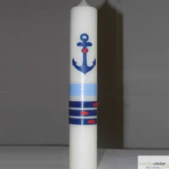 Taufkerze maritim mit Anker und Fischen, liebevoll Hand verzierte Taufkerze für Jungen oder Mädchen, elfenbein