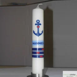Taufkerze maritim mit Anker und Fischen, liebevoll Hand verzierte Taufkerze für Jungen oder Mädchen, elfenbein