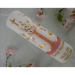 Taufkerze Mädchen Lebensbaum rosa gold Baum des Lebens Regenbogen Namenskette Name Datum Spruch individualisierbar