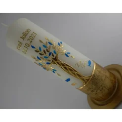Taufkerze Mädchen Lebensbaum  gold blau Baum des Lebens Regenbogen Namenskette Name Datum Spruch individualisierbar