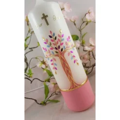 Taufkerze Mädchen Lebensbaum rosa gold Baum des Lebens Regenbogen Namenskette Name Datum Spruch individualisierbar