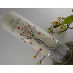 Taufkerze Mädchen Lebensbaum silber rosa Baum des Lebens Regenbogen Namenskette Name Datum Spruch individualisierbar