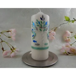 Taufkerze Mädchen Lebensbaum grün silber Baum des Lebens Regenbogen Namenskette Name Datum Spruch individualisierbar