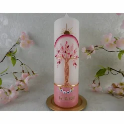 Taufkerze Mädchen Lebensbaum rosa gold Baum des Lebens Regenbogen Namenskette Name Datum Spruch individualisierbar