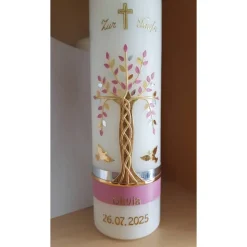 Taufkerze Mädchen Lebensbaum rosa gold silberBaum des Lebens Regenbogen Namenskette Name Datum Spruch individualisierbar