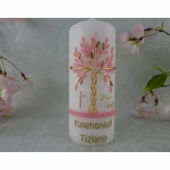 Taufkerze Mädchen Lebensbaum rosa gold silberBaum des Lebens Regenbogen Namenskette Name Datum Spruch individualisierbar