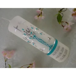 Taufkerze Mädchen Lebensbaum mint silber Baum des Lebens Tauben Kreuz Name Datum Spruch individualisierbar