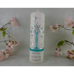 Taufkerze Mädchen Lebensbaum mint silber Baum des Lebens Tauben Kreuz Name Datum Spruch individualisierbar