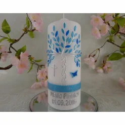 Taufkerze Mädchen Lebensbaum blau silber Baum des Lebens Tauben Kreuz Name Datum Spruch individualisierbar