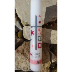 Taufkerze Mädchen, mit Sternen, verschiedene Symbole