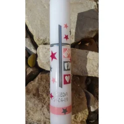 Taufkerze Mädchen, mit Sternen, verschiedene Symbole