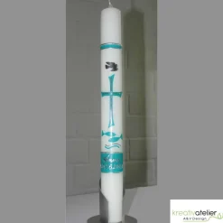 Taufkerze mit byzantinischem Kreuz, Taube und Fischen in elfenbein, Taufkerze für Jungen oder Mädchen, personalisierbar