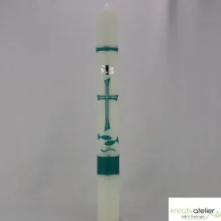 Taufkerze mit byzantinischem Kreuz, Taube und Fischen in elfenbein, Taufkerze für Jungen oder Mädchen, personalisierbar