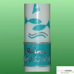 Taufkerze mit byzantinischem Kreuz, Taube und Fischen in elfenbein, Taufkerze für Jungen oder Mädchen, personalisierbar