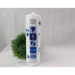 Taufkerze mit christlichen Symbolen in verschiedenen Blautönen - Zwillinge oder einzeln - personalisiert inkl. Aufbewahr