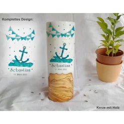 Taufkerze mit Holz Design Anker Meer